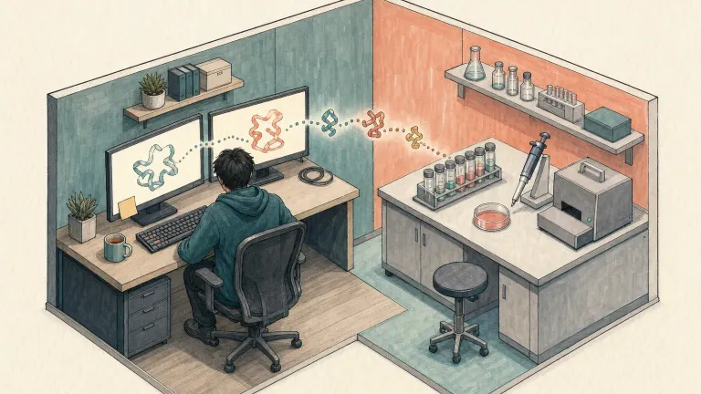 Isometric drawing of a research room linking a computer desk with molecule ribbons to a lab bench of vials.