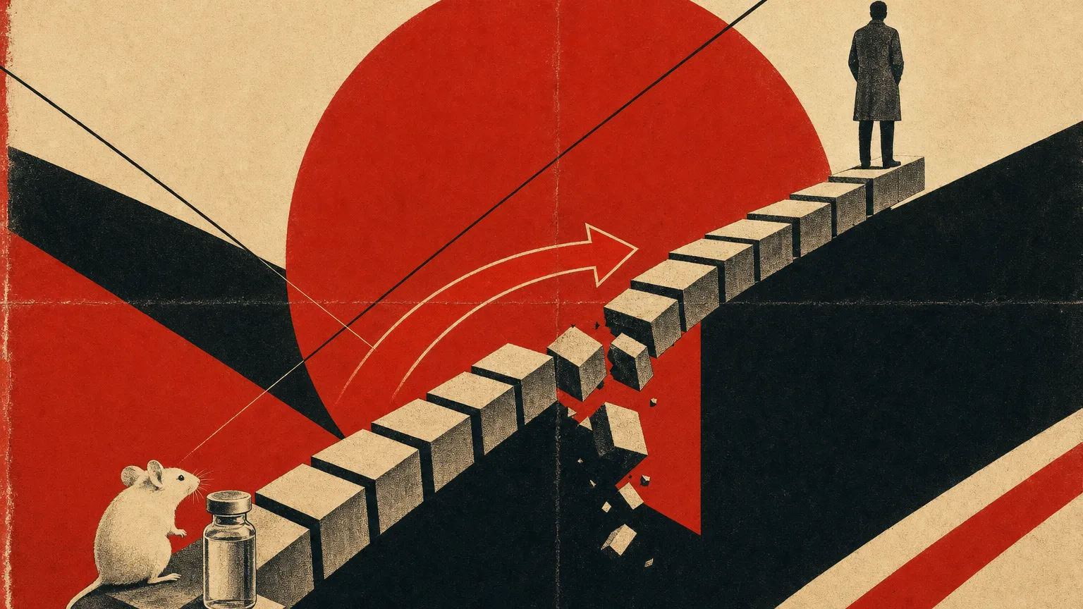 Constructivist poster of a broken block bridge running from a lab mouse up to a human figure.