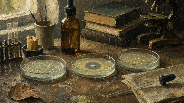 Oil painting of petri dishes with bacterial colonies and one clear ring, beside a dropper bottle and microscope.