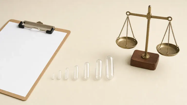 Row of capsules beside a clipboard and a level balance scale on a tabletop.