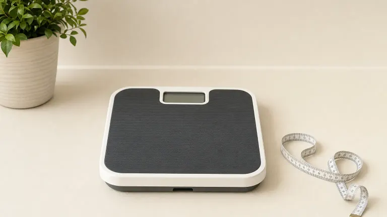 Bathroom scale with a blank display beside a coiled tape measure and a small plant.