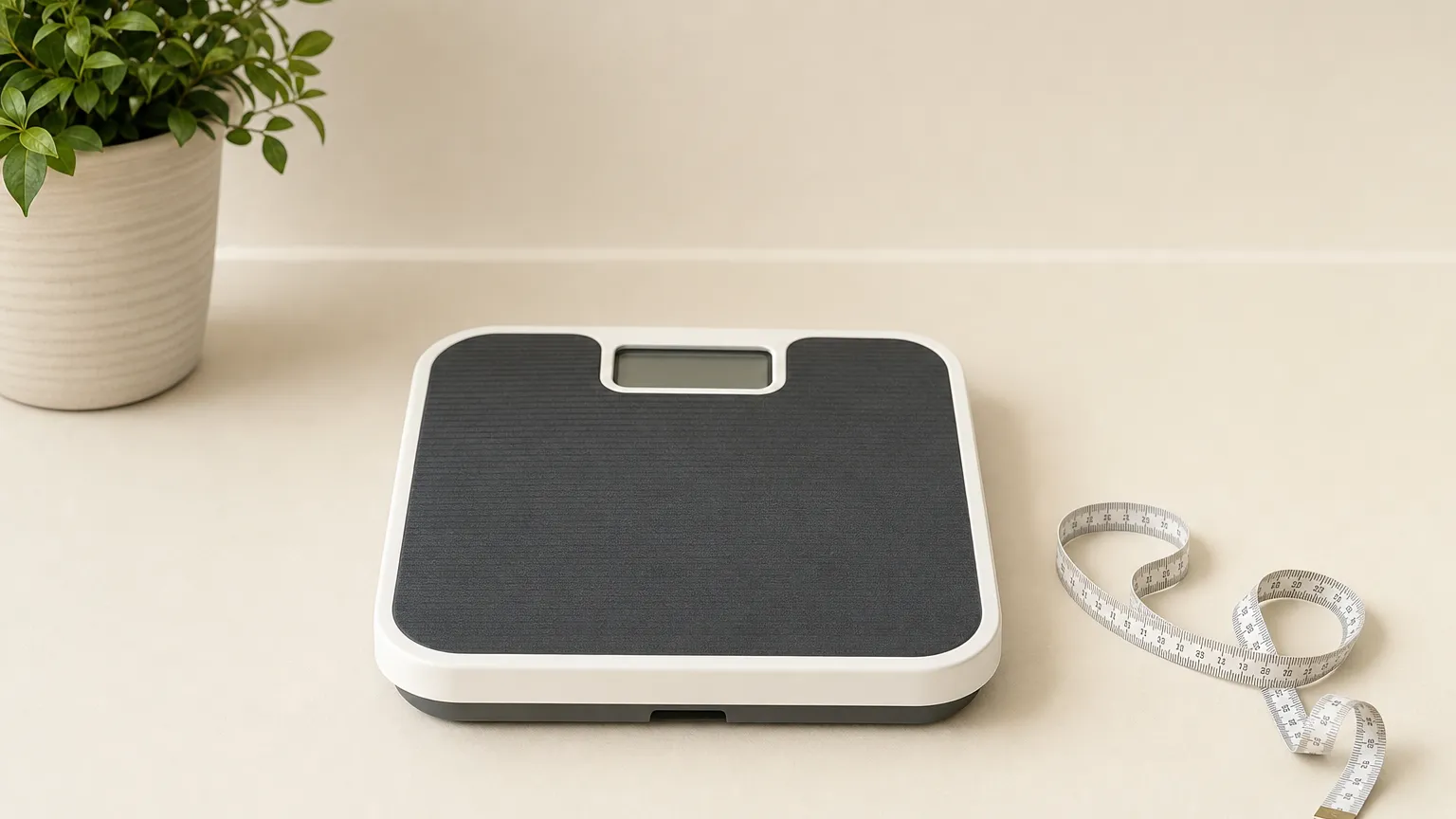 Bathroom scale with a blank display beside a coiled tape measure and a small plant.