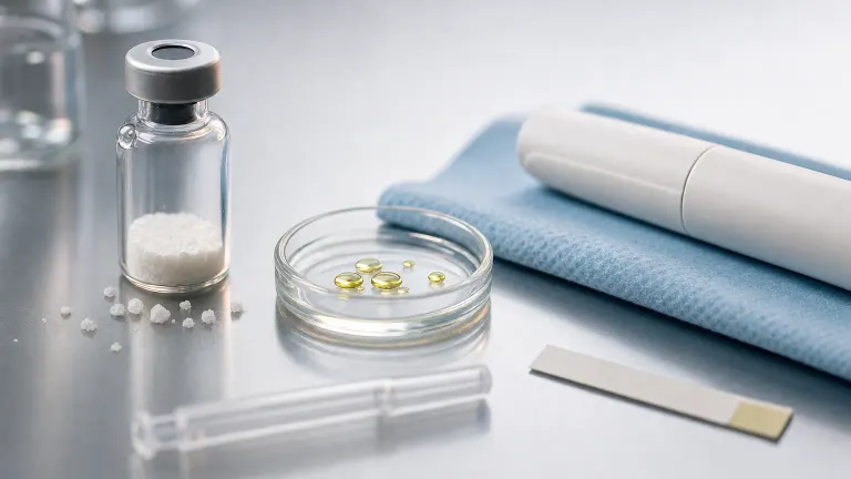 Macro photo of an unlabeled powder vial beside a capped injection pen and a petri dish of oil droplets.