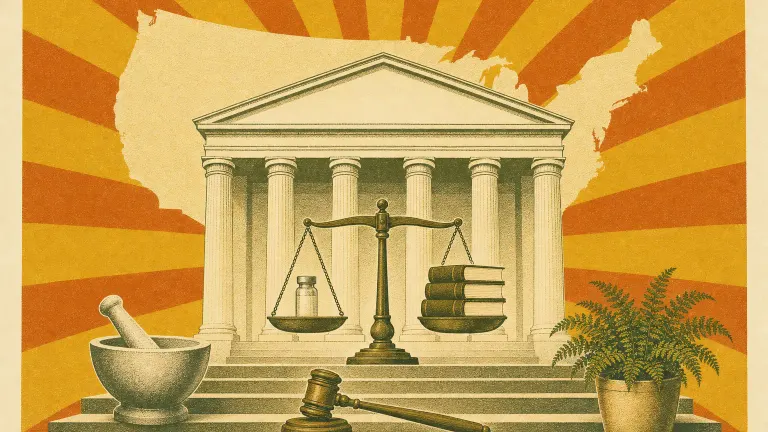 Retro screen print of a courthouse with a balance scale holding a vial and law books.