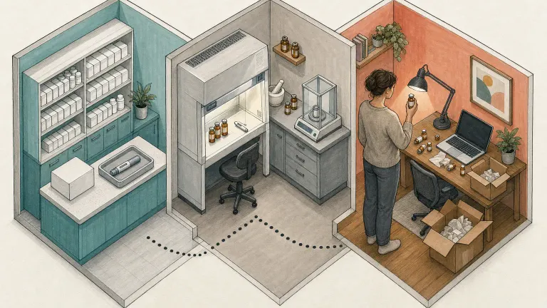 Isometric cutaway of a pharmacy, a compounding room and a home desk with loose vials