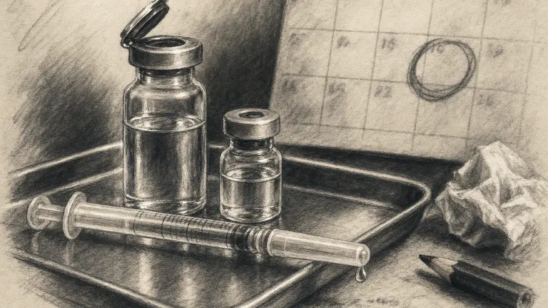 Charcoal drawing of a multi-dose vial beside a single-dose vial, a capped syringe and a calendar grid