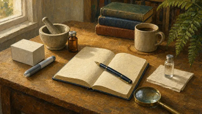 Oil painting of a library table with a blank notebook, magnifying glass, pharmacy carton, mortar and pestle and vials.