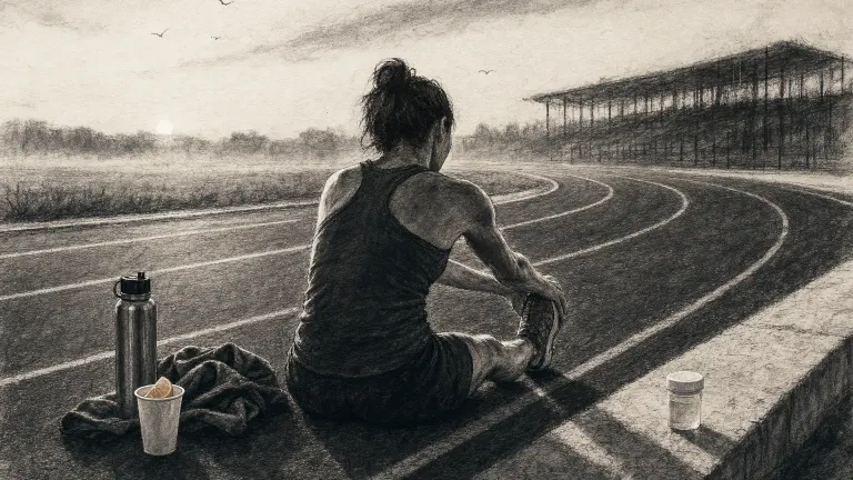 Charcoal drawing of a runner stretching on a track beside a water bottle and a sealed specimen cup