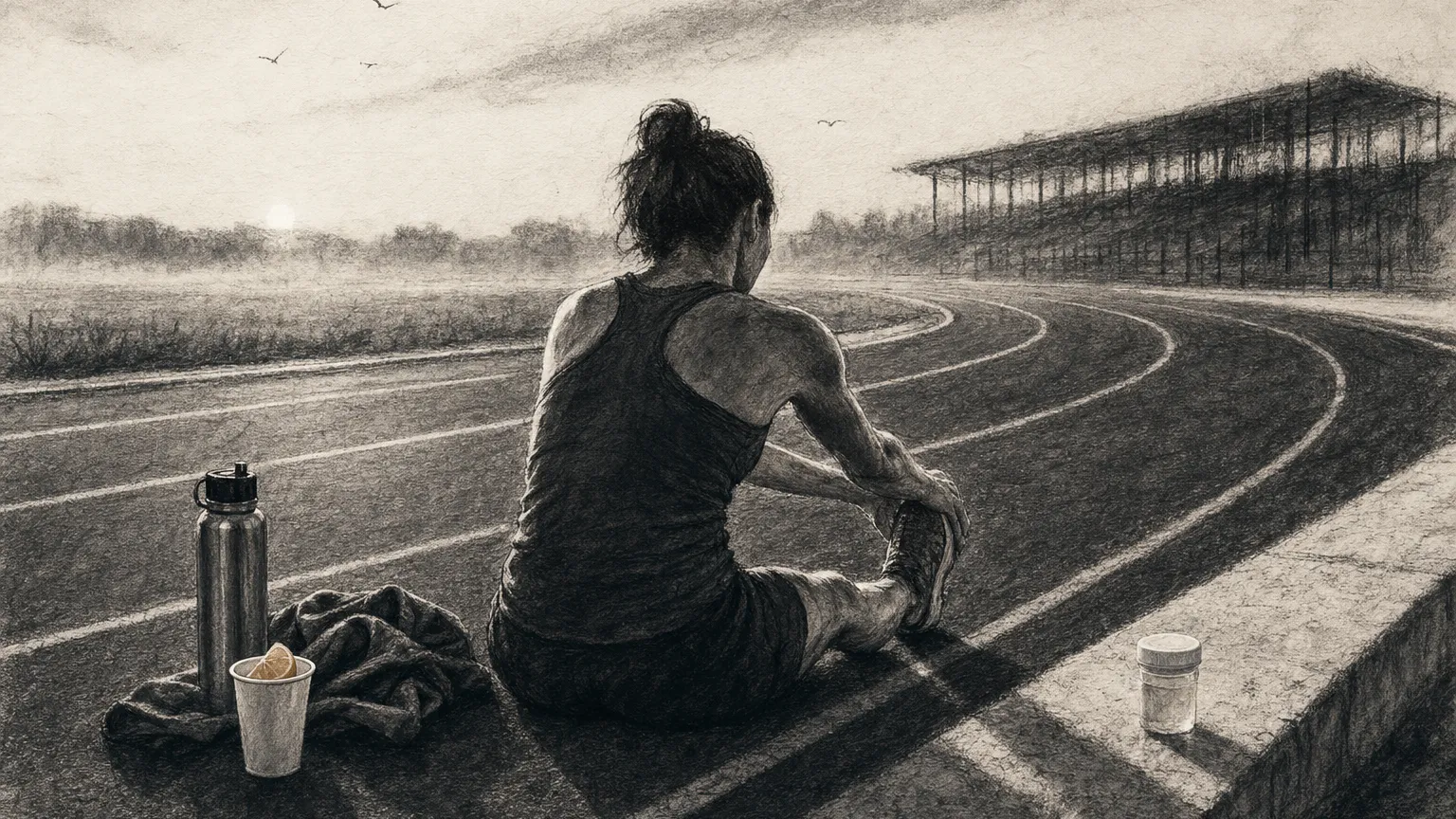 Charcoal drawing of a runner stretching on a track beside a water bottle and a sealed specimen cup