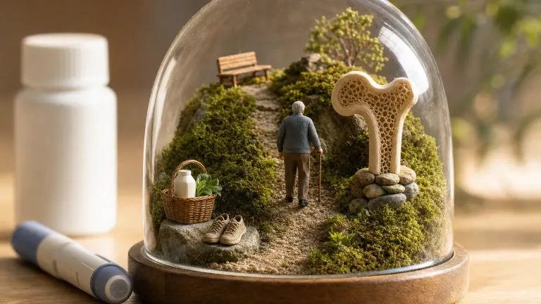 Terrarium diorama of a walker on a moss path beside a carved bone cross-section, under glass