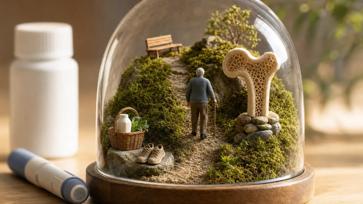 Terrarium diorama of a walker on a moss path beside a carved bone cross-section, under glass