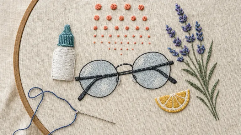 Embroidery on linen of reading glasses, an eye-drop bottle and a dotted vision chart in a hoop.
