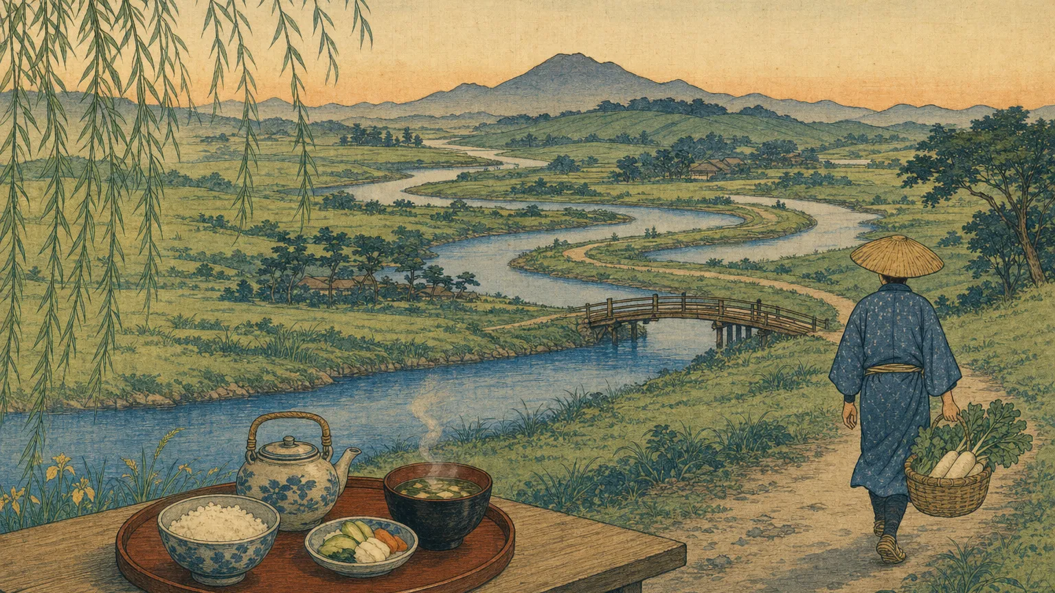 Woodblock-style print of a looping river through hills with a riverside meal and a walker.