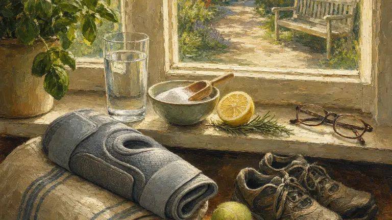 Oil painting of a windowsill with water glass, powder bowl, knee brace and walking shoes