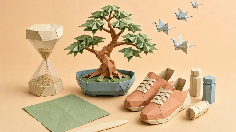 Origami still life of a paper bonsai, hourglass, running shoes, vials and rising cranes.