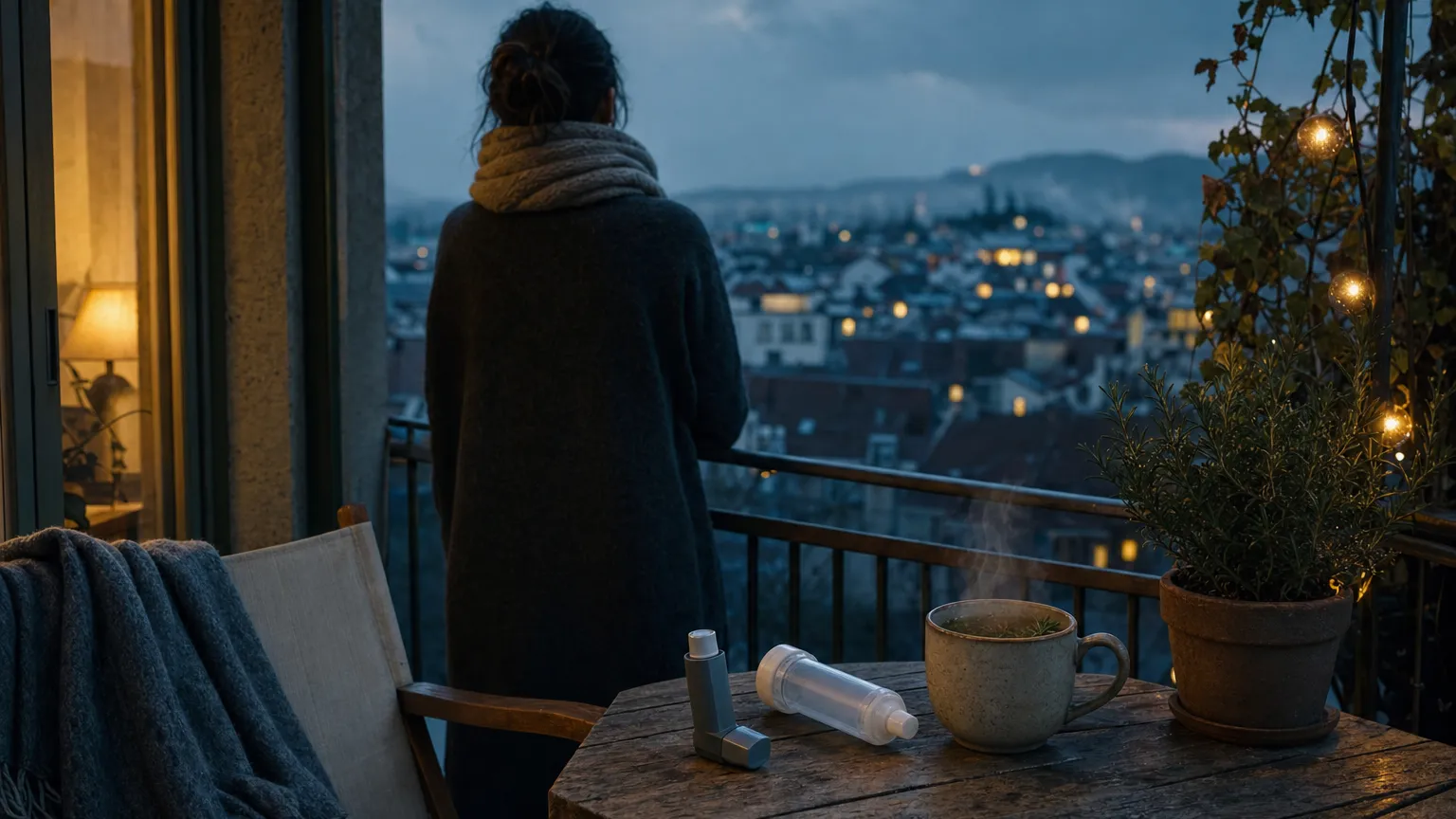 A person seen from behind on a dusk balcony beside a table holding a capped inhaler and tea.
