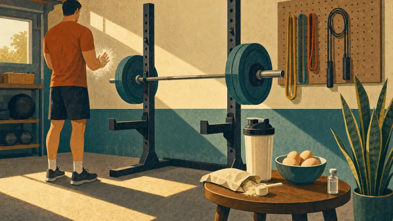 Retro illustration of a garage gym with a barbell, protein shaker, eggs and a small vial on a stool