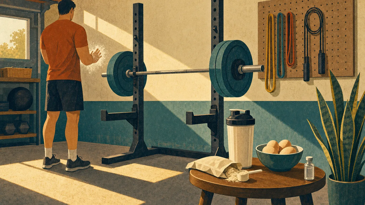 Retro illustration of a garage gym with a barbell, protein shaker, eggs and a small vial on a stool
