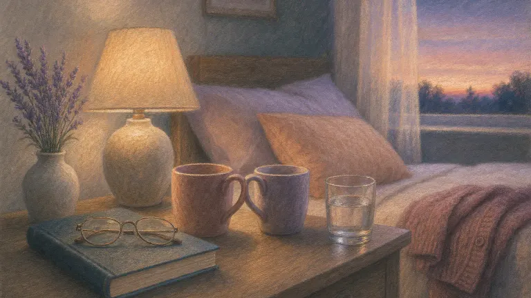 Pastel drawing of a bedside table with lamp, two mugs, book and lavender at dusk