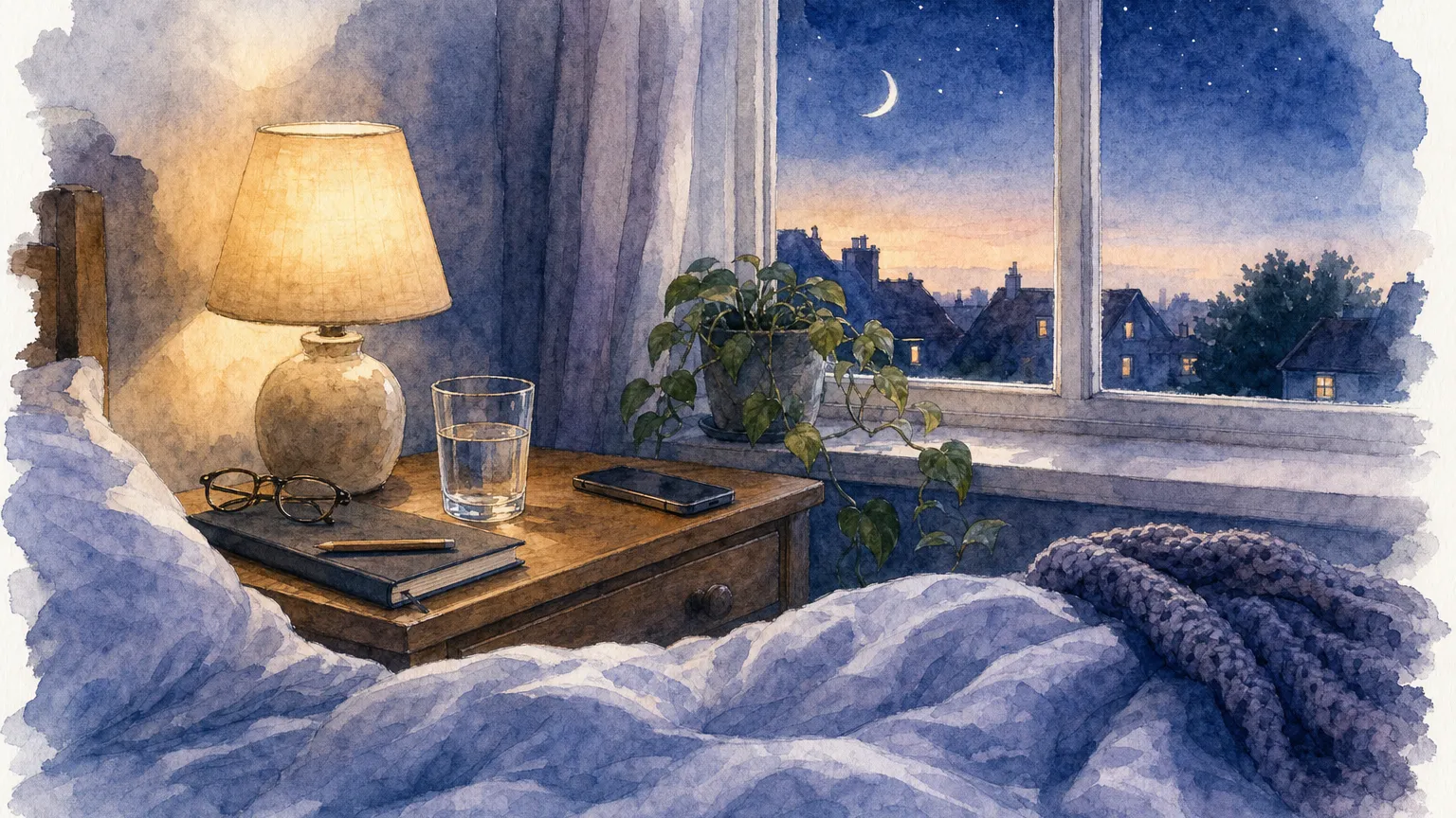Watercolor of a nightstand with a lamp, water, glasses and notebook beside a moonlit window.