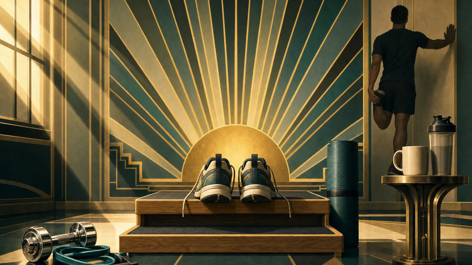 Art Deco poster of running shoes on a step, resistance band and dumbbell in a therapy studio