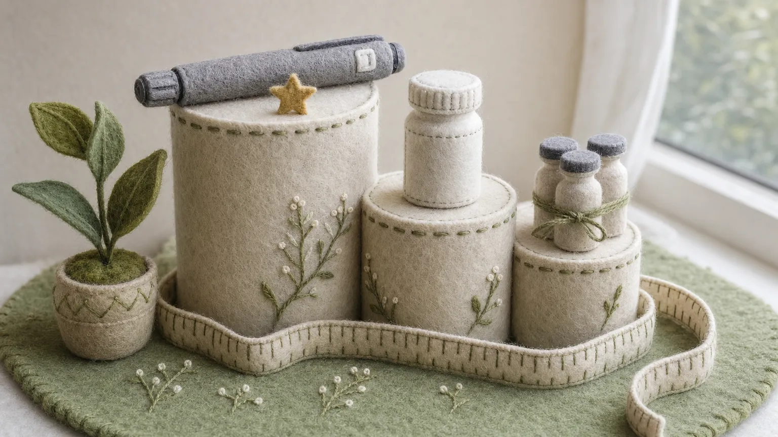 A felt diorama of three stepped pedestals holding a pen, a pill bottle and small vials.