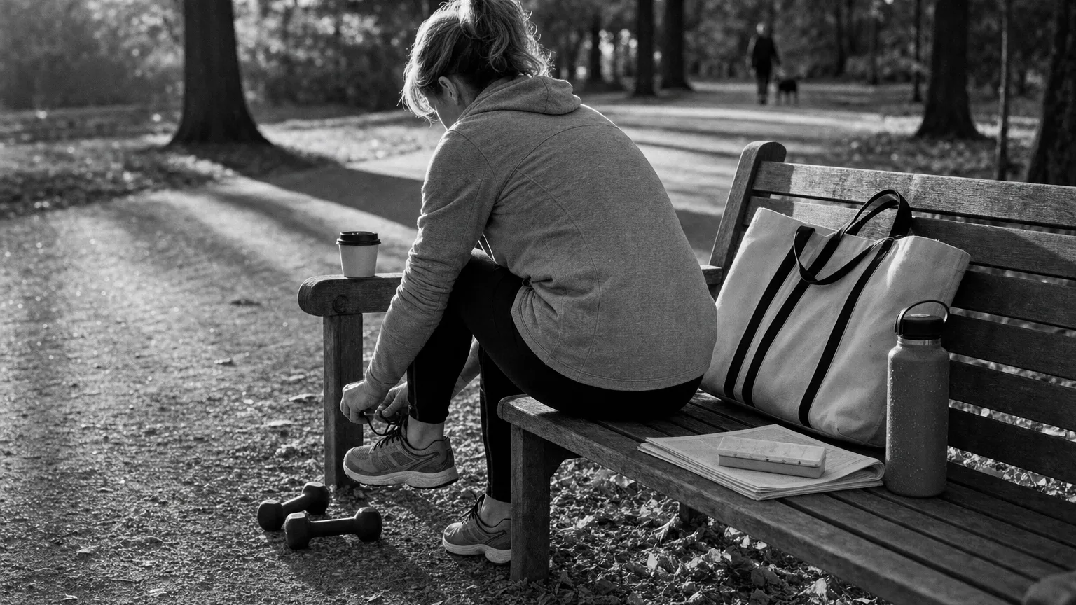 Black-and-white photo of a woman from behind tying her shoes on a park bench at sunrise