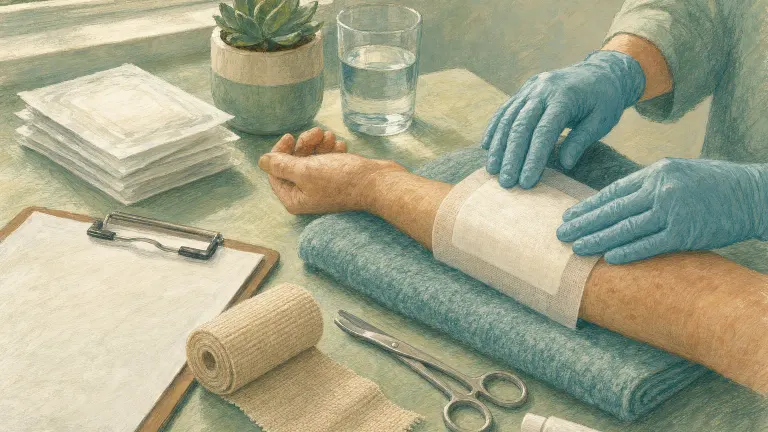 Illustrated wound care table with gauze, compression bandage, scissors and gloved hands placing a dressing