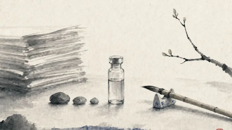 Ink wash painting of a glass vial beside three small stones, a paper stack and a budding branch.