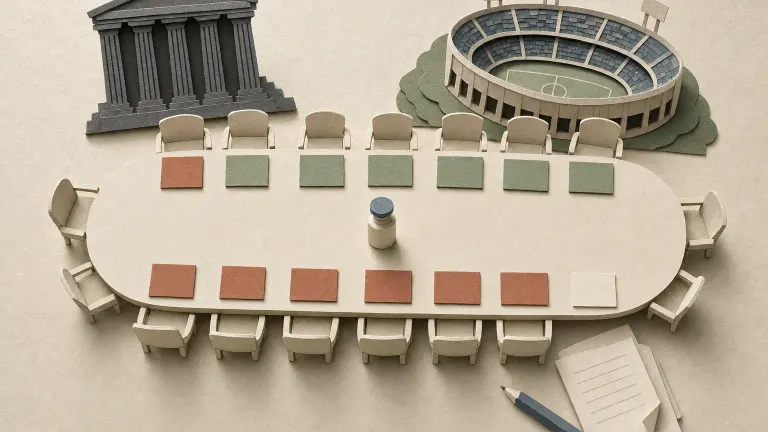 Paper-cut collage of a committee table with green and terracotta voting cards around a small vial.