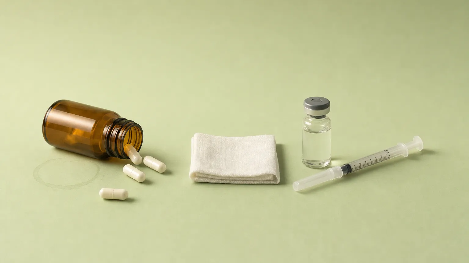 Studio still life of white capsules spilling from an amber bottle beside a stoppered vial and capped syringe.