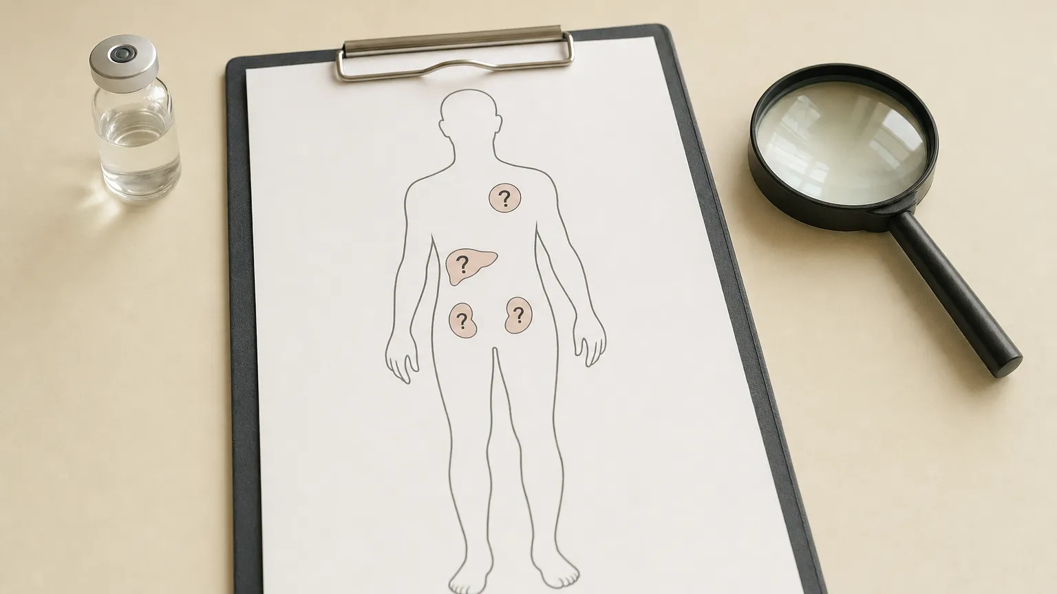 Clipboard with a body outline and question marks over organs next to a small vial and magnifying glass.