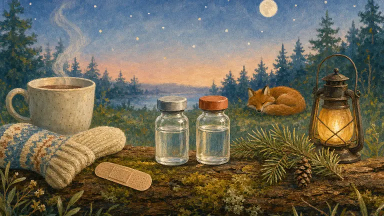 Gouache illustration of two vials on a mossy log with a bandage, a knitted sock and a sleeping fox at dusk.