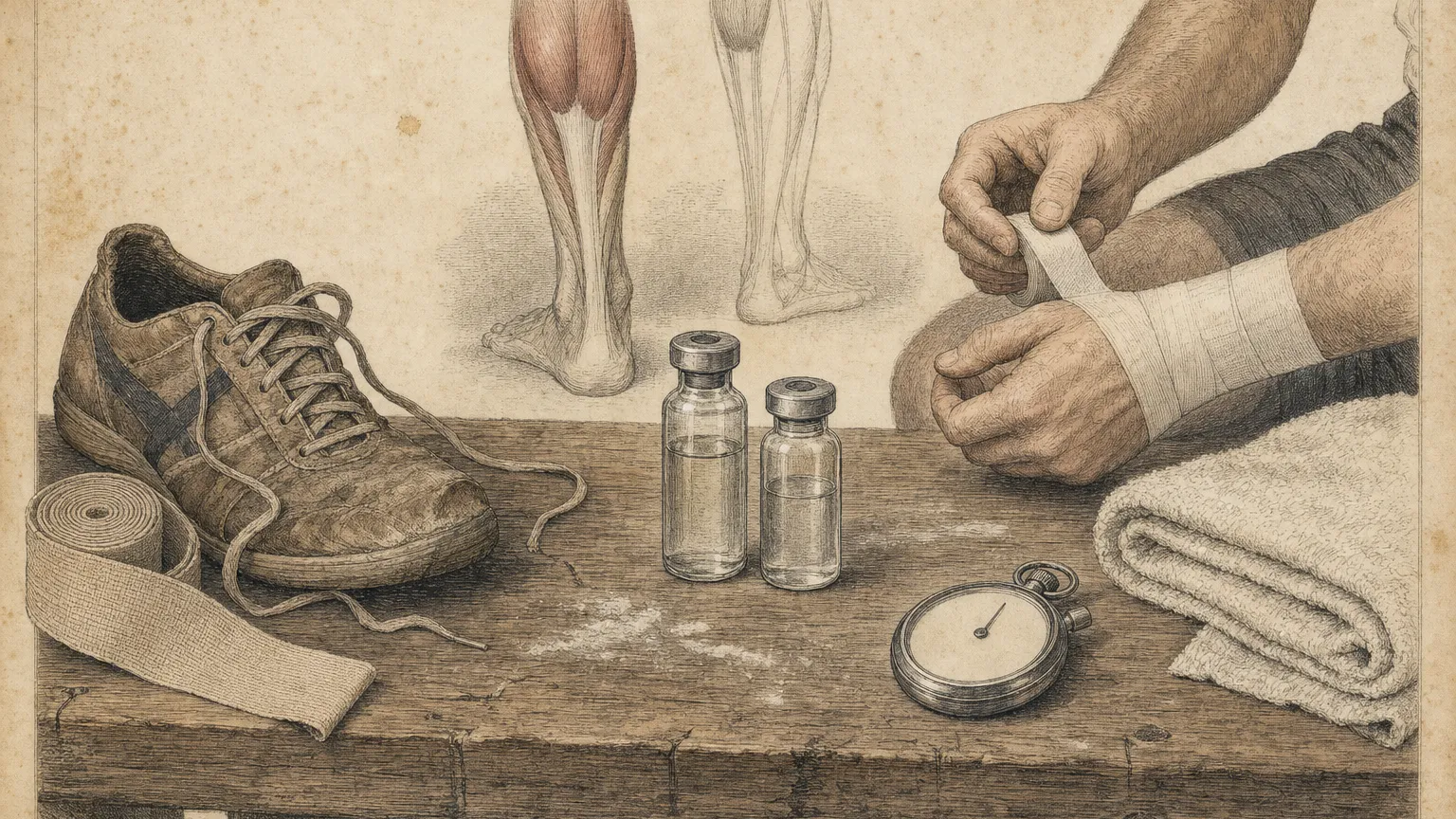Vintage engraving of two vials on a locker-room bench beside a running shoe, sports bandage and taped wrist.