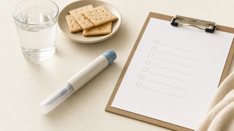 Injection pen beside a blank checklist on a clipboard, a glass of water and crackers