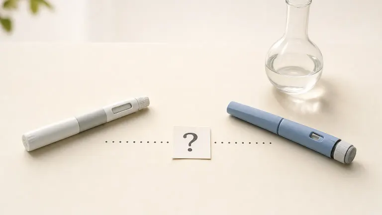 Two injection pens linked by a dotted line to a question mark card beside a lab flask