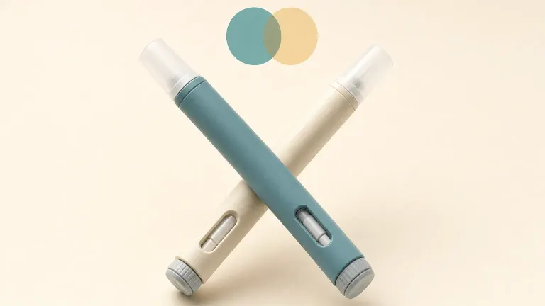 Two generic injection pens crossed below two overlapping circles representing a combination medicine.