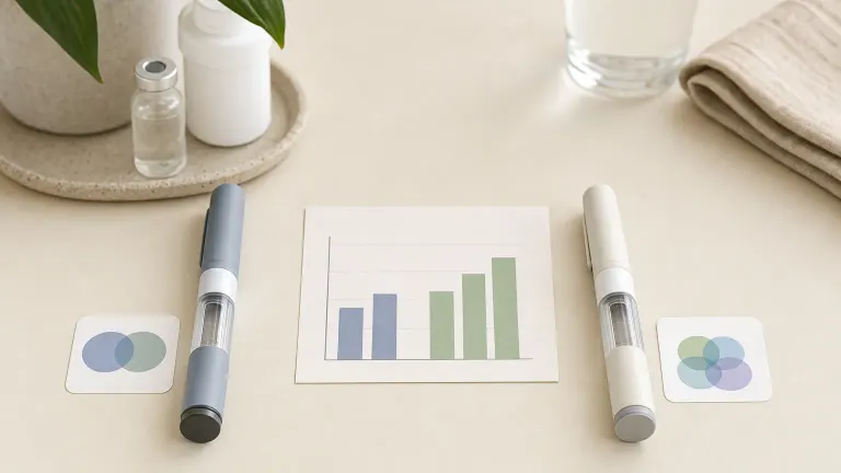 Two injection pens beside overlapping circle groups of two and three with a bar chart card between them