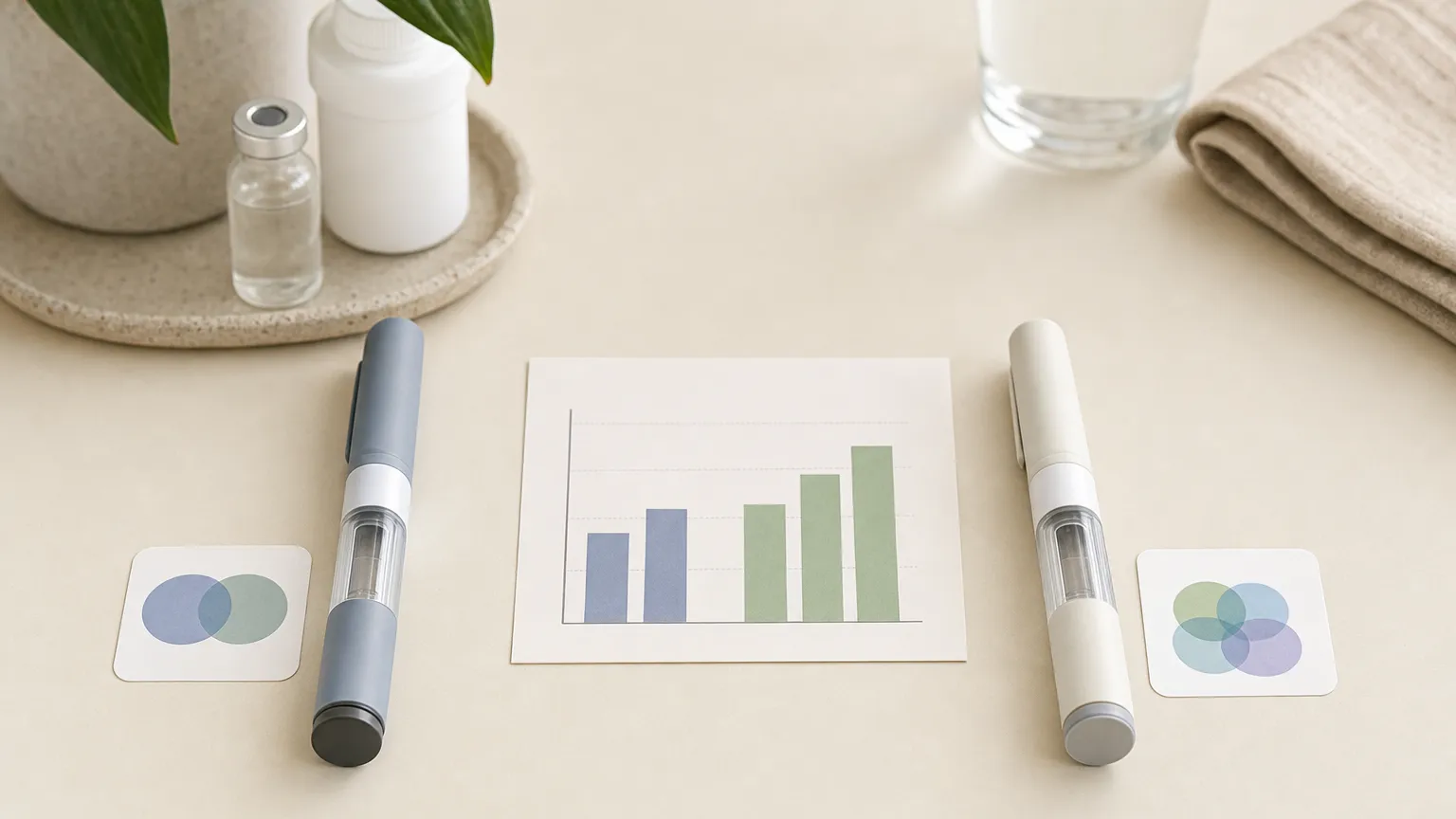 Two injection pens beside overlapping circle groups of two and three with a bar chart card between them