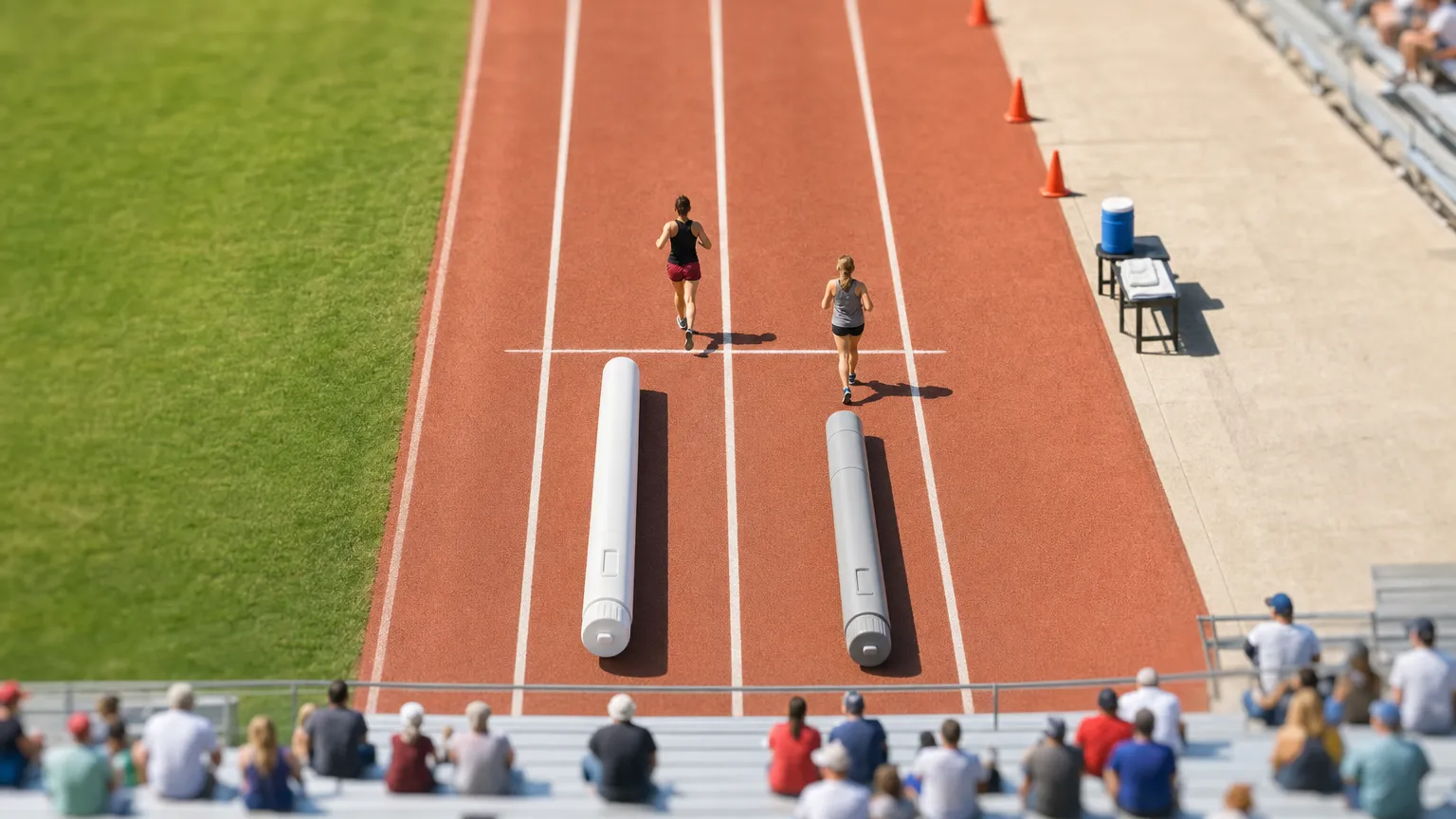 Tilt-shift view of a running track with two giant capped injection pens at the finish line.