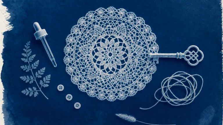 Cyanotype print of a skeleton key entering a round lace doily, surrounded by a dropper, fern and buttons.
