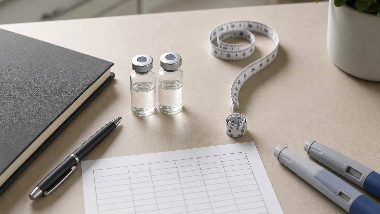 Two plain vials on a desk beside a blank dosing log, a notebook and a coiled tape.