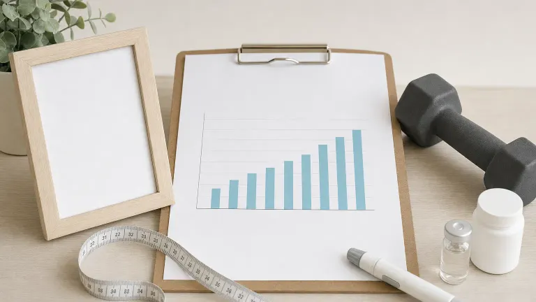 Clipboard with a rising bar chart beside an empty photo frame, tape measure and dumbbell.