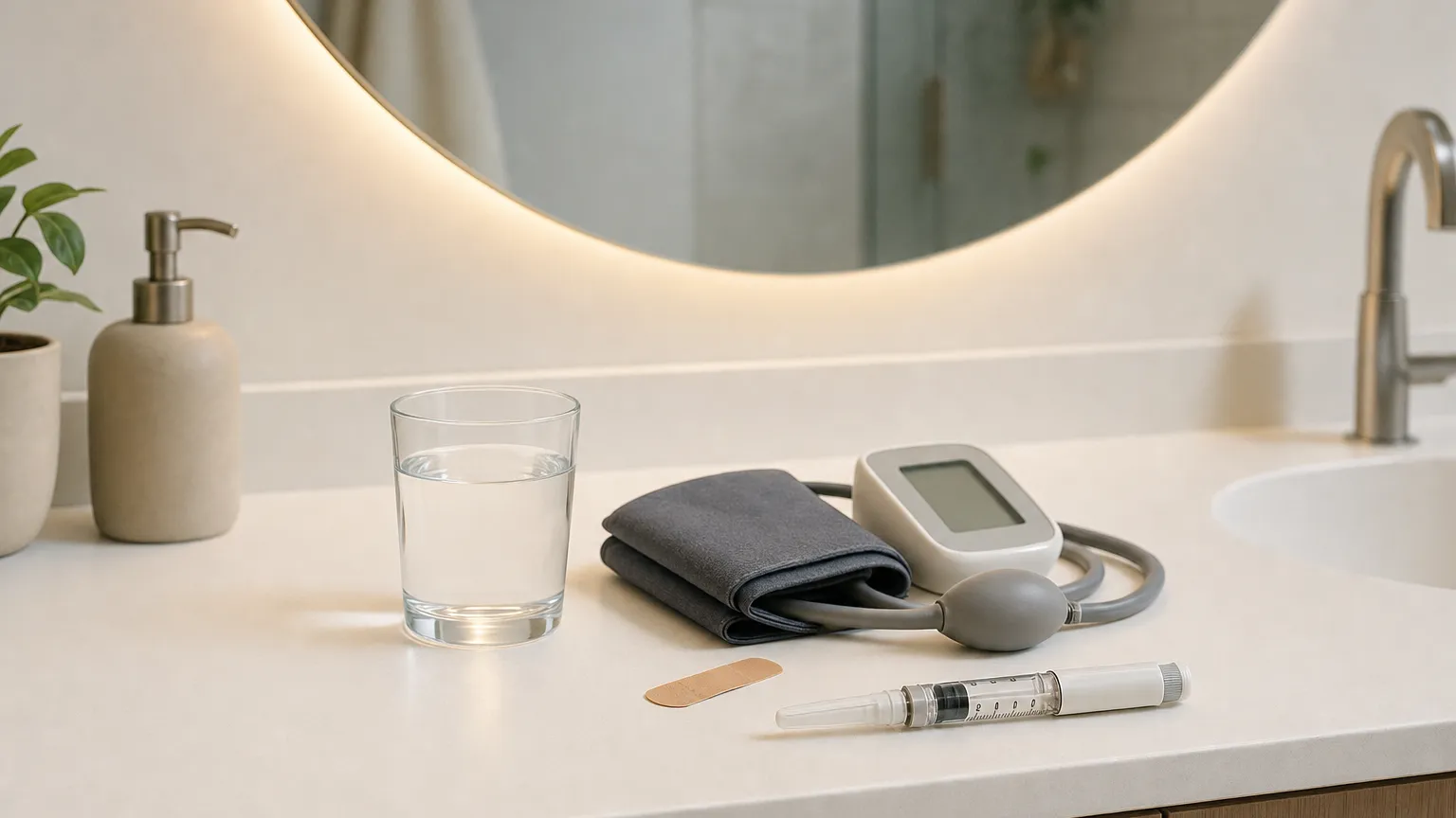 Bathroom counter with a blood pressure cuff, water glass, bandage and capped syringe under a mirror.