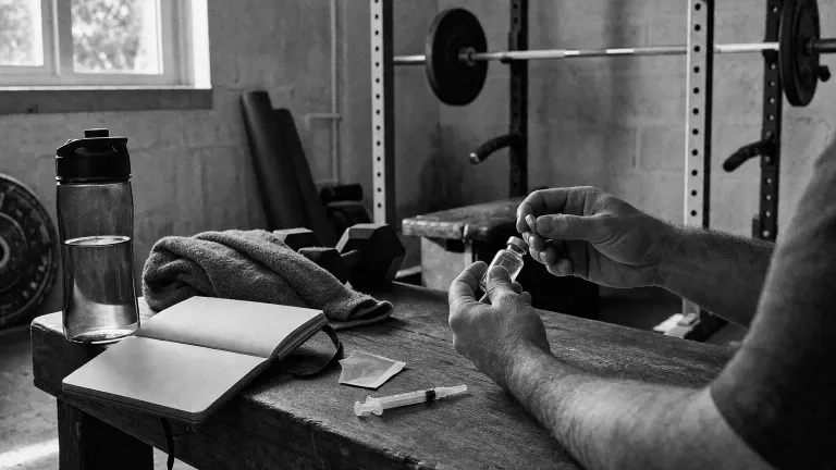 Hands holding an unlabeled vial over a gym bench with a syringe, towel, journal and barbell.