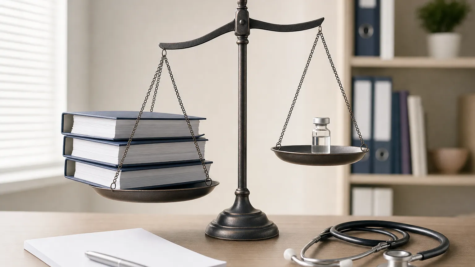 Balance scale weighing a stack of research binders against one small vial beside a stethoscope.