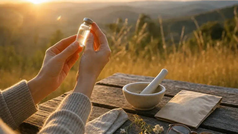 Hands holding an unlabeled vial to the sunset light beside a mortar and pestle on an outdoor table.