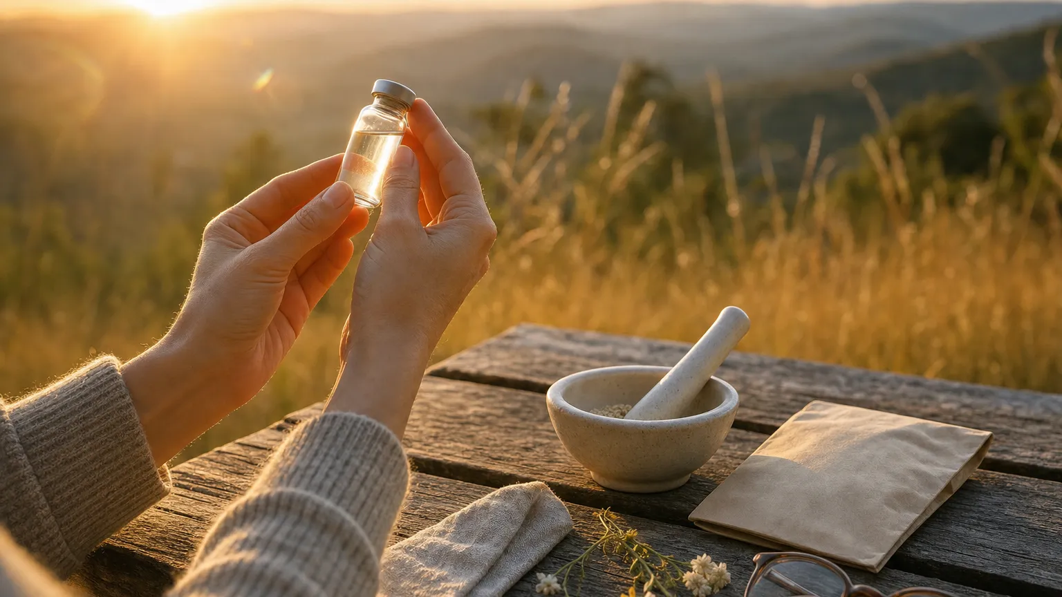 Hands holding an unlabeled vial to the sunset light beside a mortar and pestle on an outdoor table.