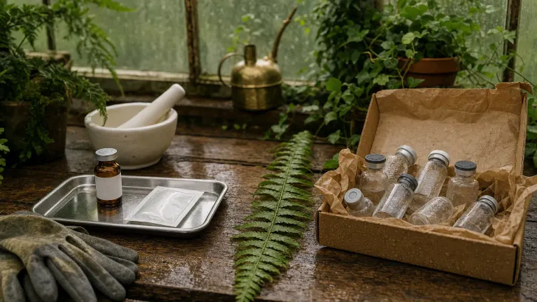 Greenhouse bench comparing a neat pharmacy vial and tray with loose unlabeled vials in a mailer