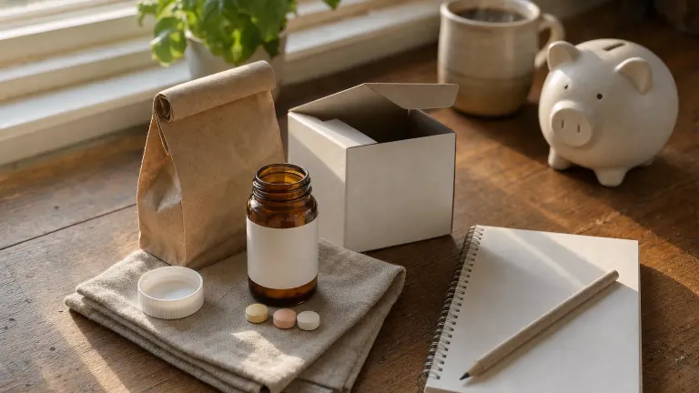 Pill bottle with tablets, a pharmacy bag, an open shipping box and a piggy bank on a sunlit kitchen counter